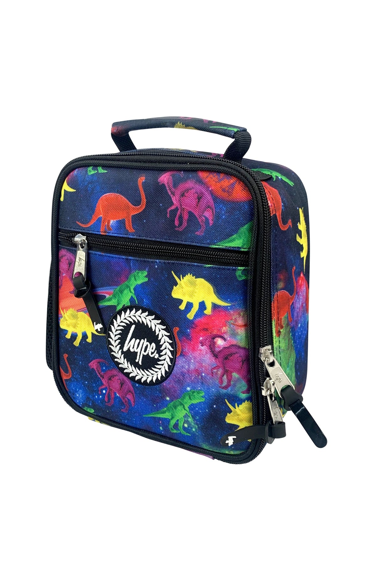 Hype Space Dinosaurs insulated lunch bag front view — vibrant print and durable build