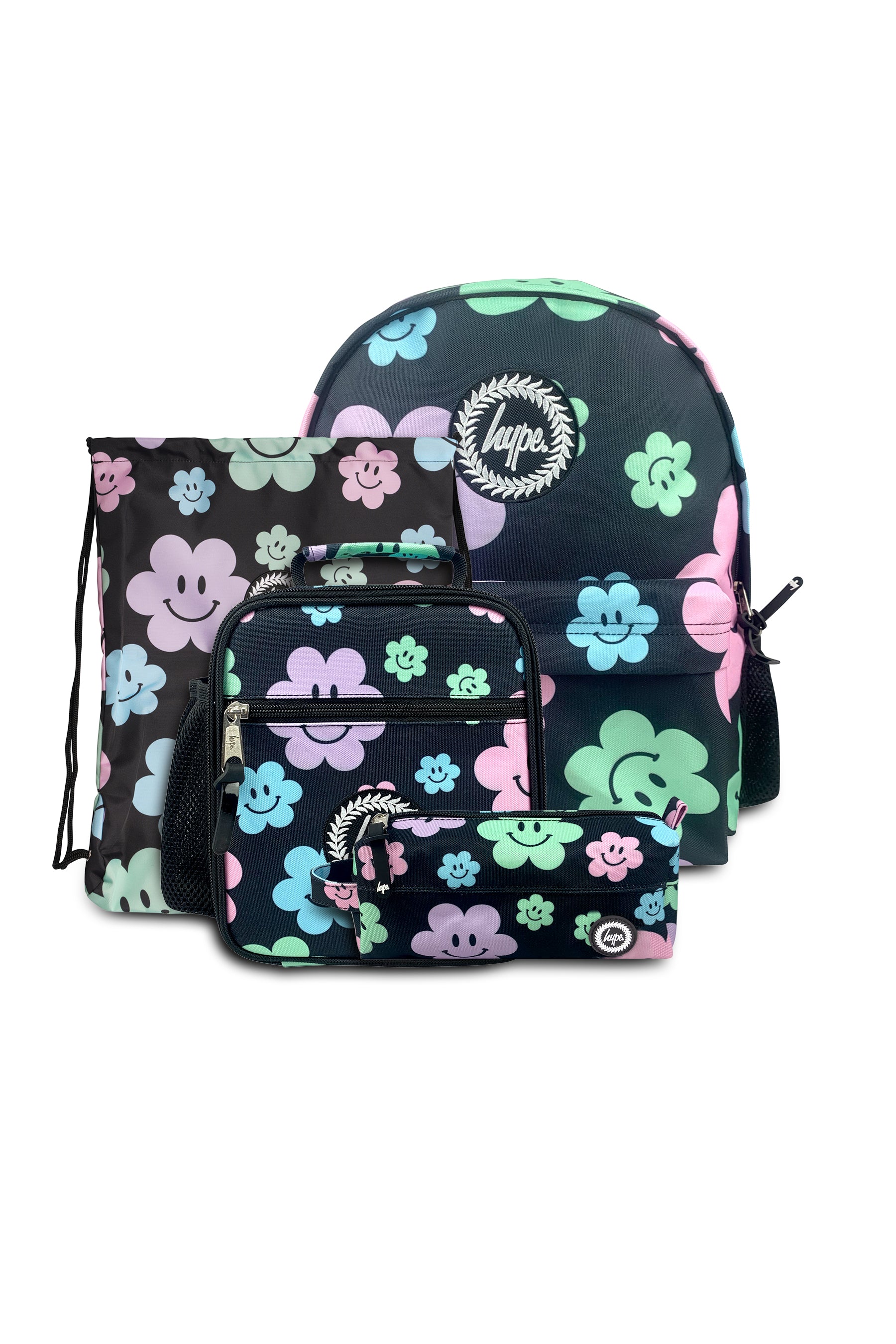4-in-1 School Set - Black Happy Flowers