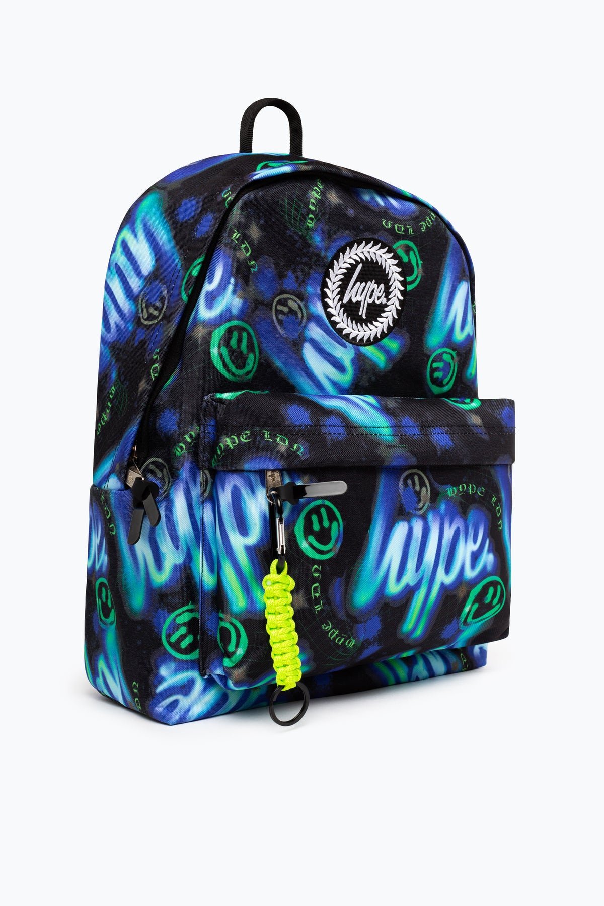 Hype Blue & Green Electric Smile backpack front view — vibrant print and durable build