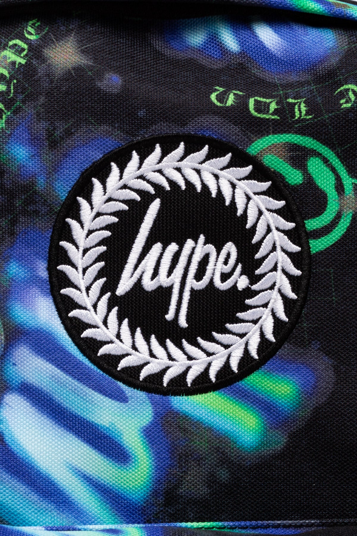 Hype Blue & Green Electric Smile backpack side view showing padded straps and pockets