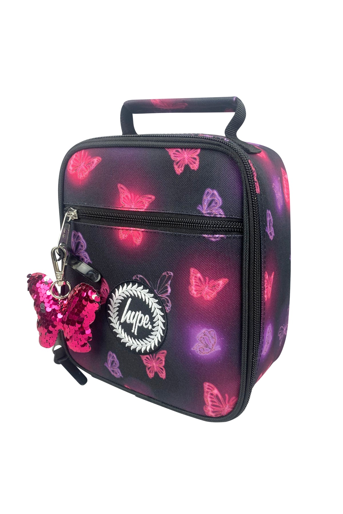 Hype Pink & Purple Glow Butterfly insulated lunch bag front view — vibrant print and durable build