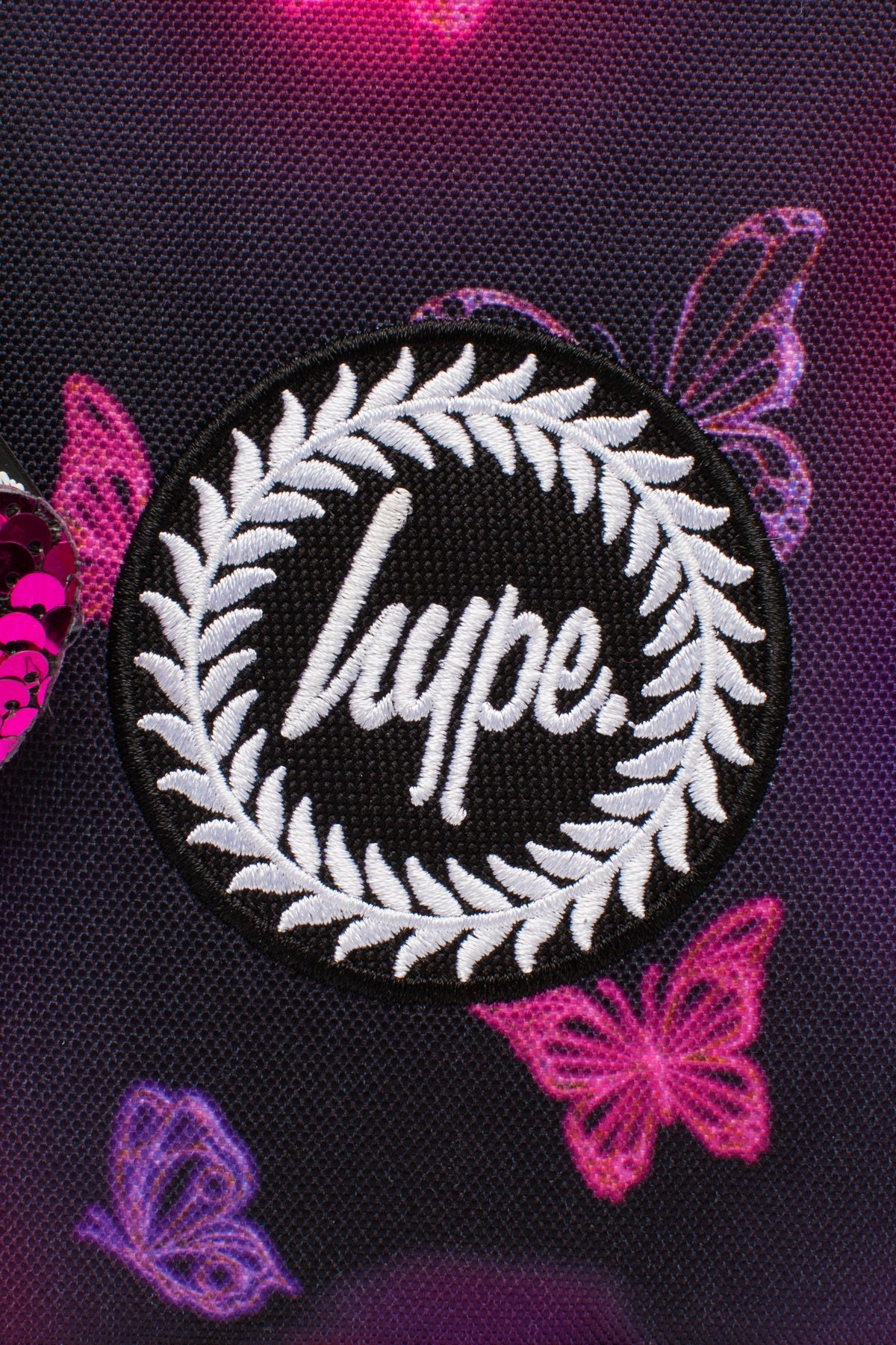 Hype Pink & Purple Glow Butterfly insulated lunch bag — close-up of logo and design details