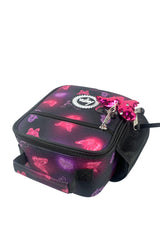 Hype Pink & Purple Glow Butterfly insulated lunch bag — colour and design detail from above