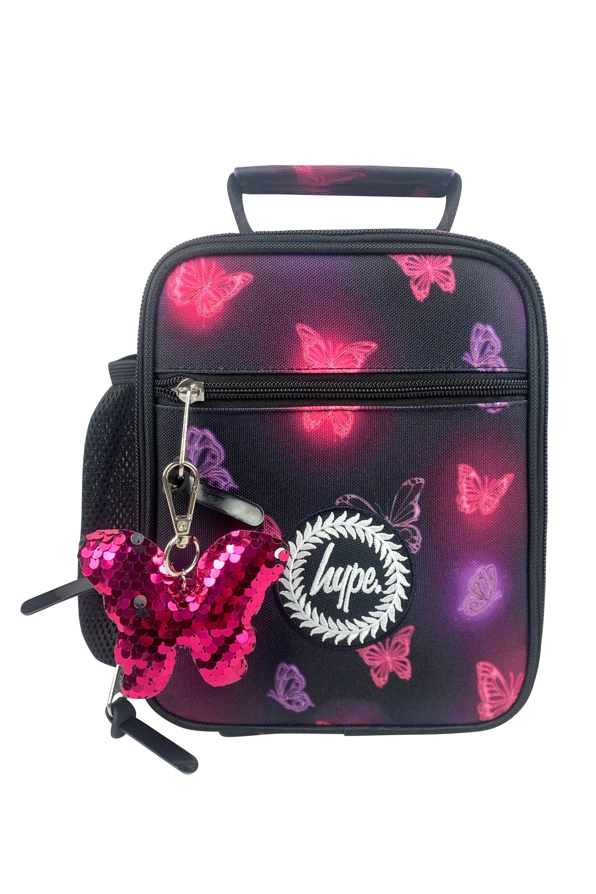 Hype Pink & Purple Glow Butterfly school bag set front view — vibrant print and durable build