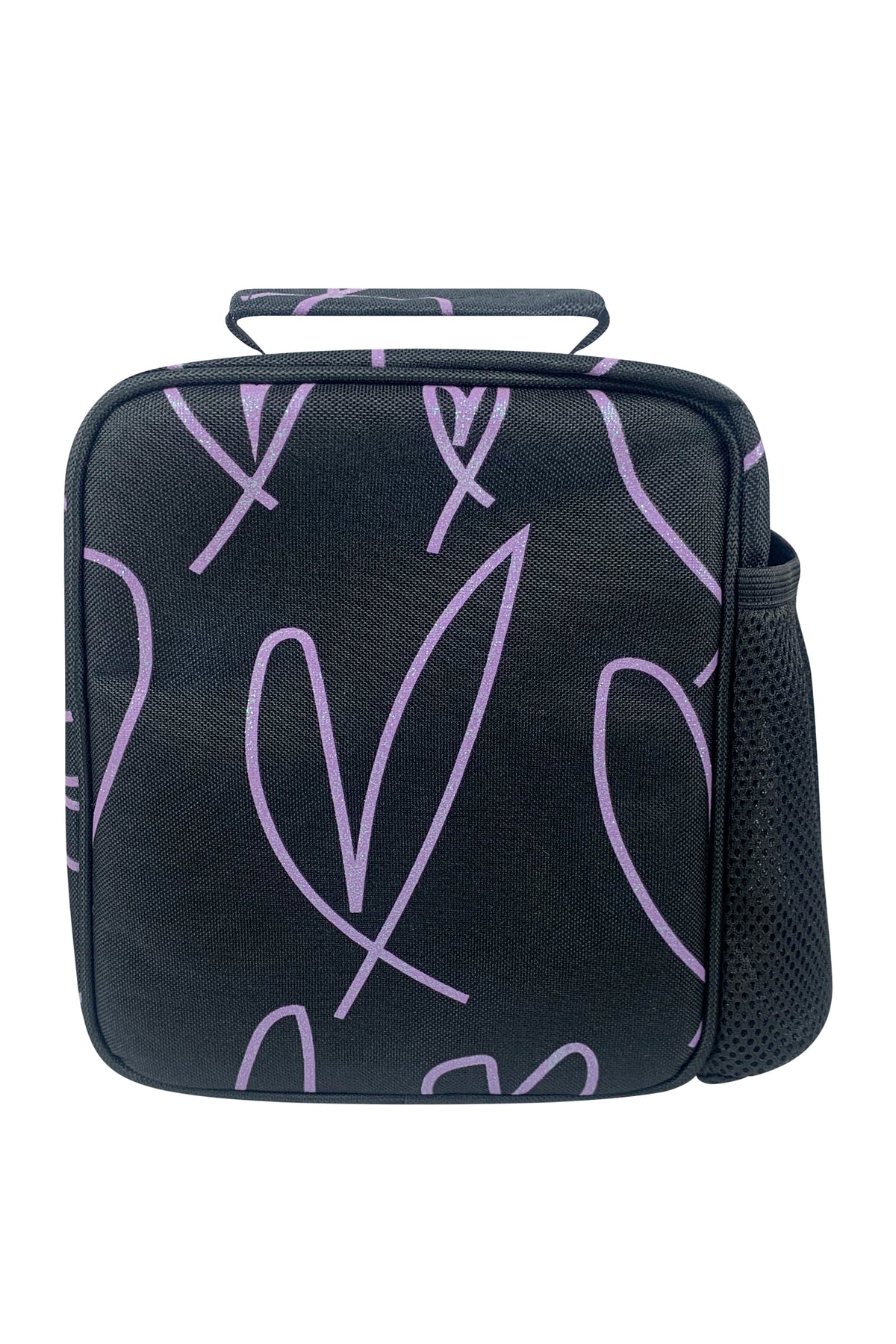 Hype Purple Glitter Scribble insulated lunch bag — close-up of logo and design details