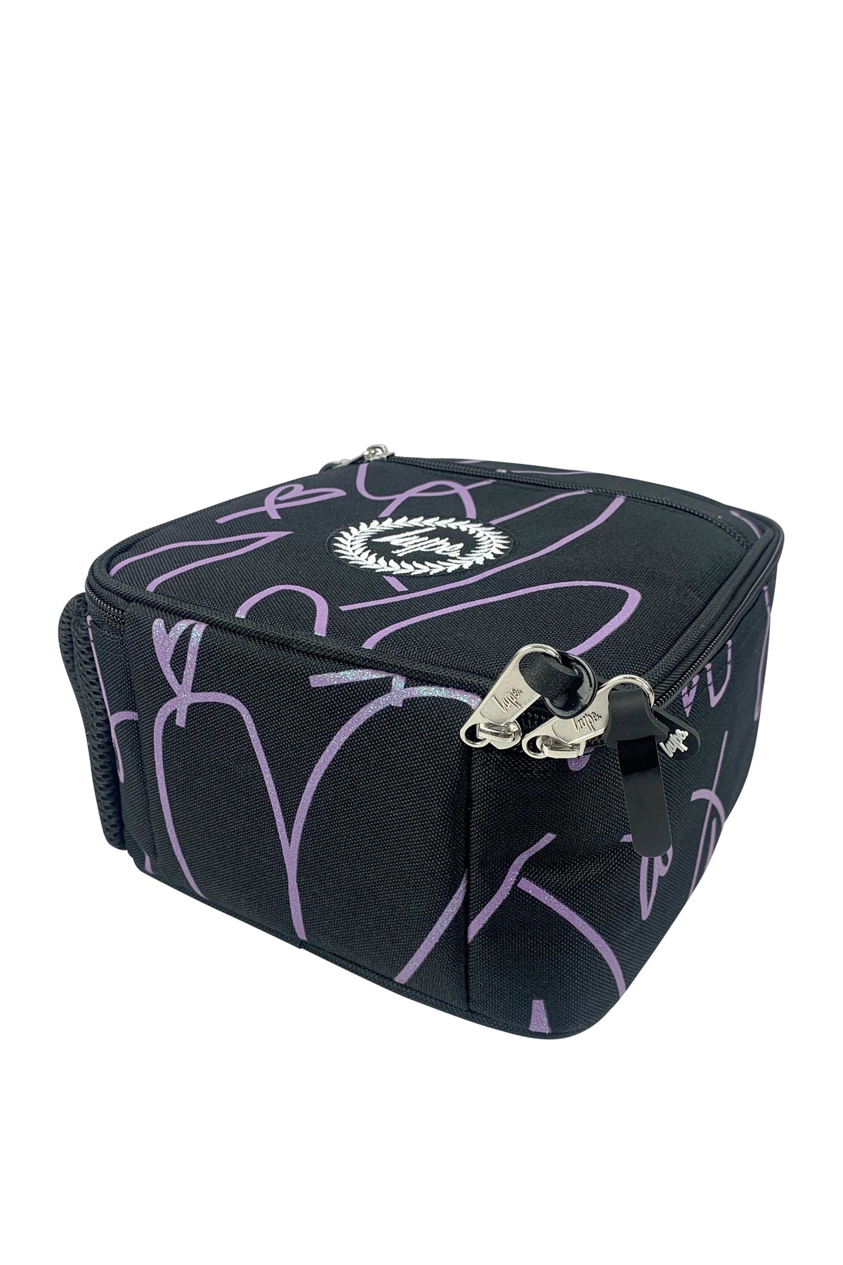 Hype Purple Glitter Scribble insulated lunch bag — bold colour and print from every angle