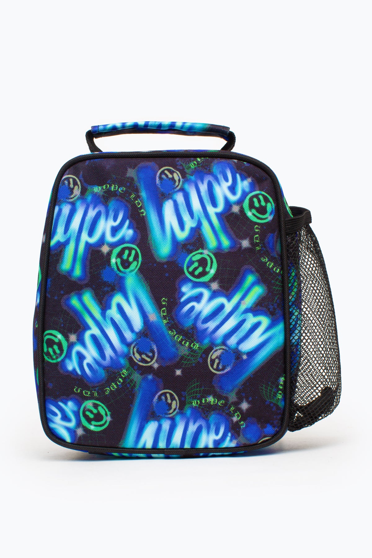 Hype Blue & Green Electric Smile insulated lunch bag — open showing insulated interior and...