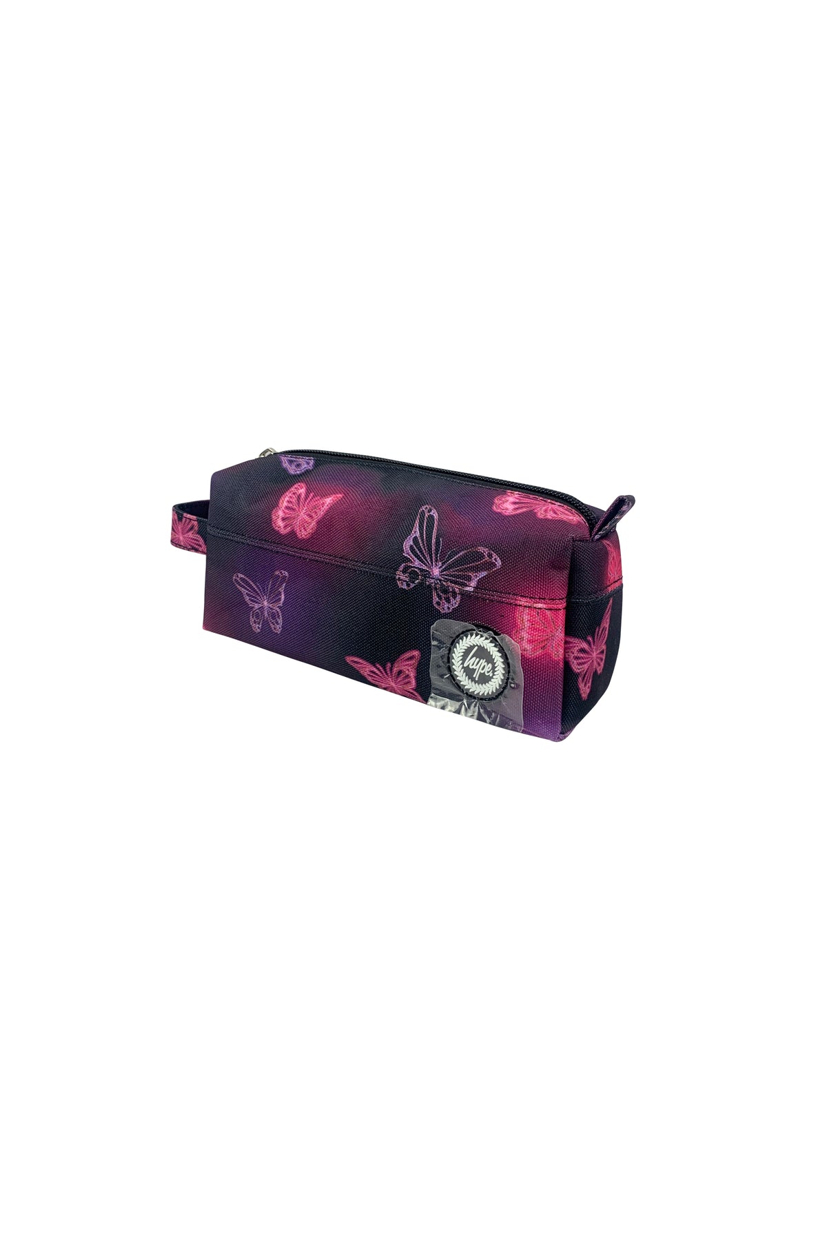 Hype Pink & Purple Glow Butterfly pencil case front view — vibrant print and durable build