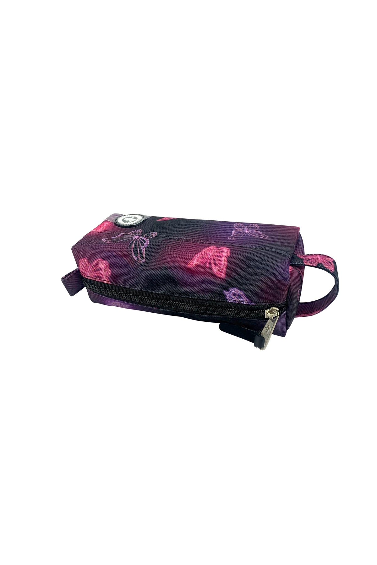 Hype Pink & Purple Glow Butterfly pencil case lifestyle shot — school-ready and on-trend