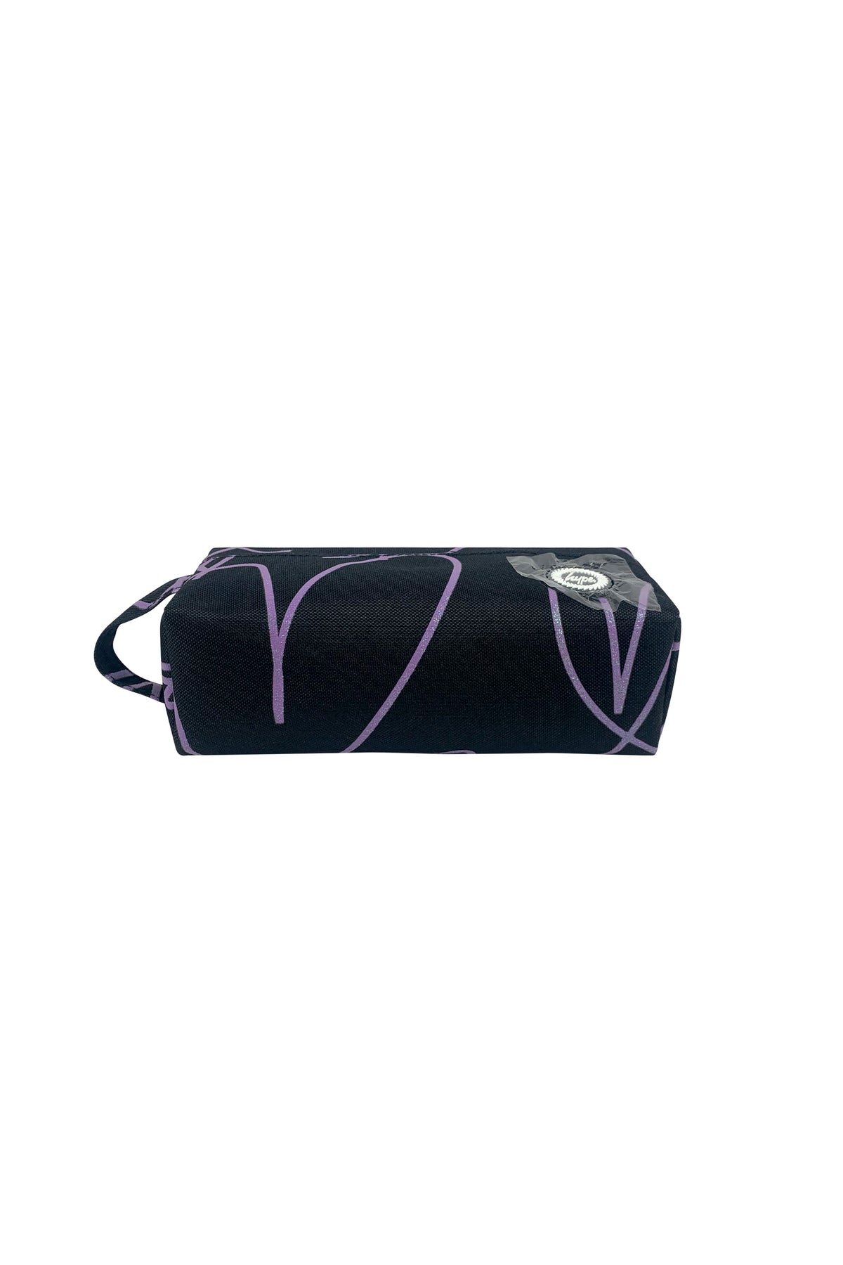 Hype Purple Glitter Scribble Heart pencil case — bold colour and print from every angle