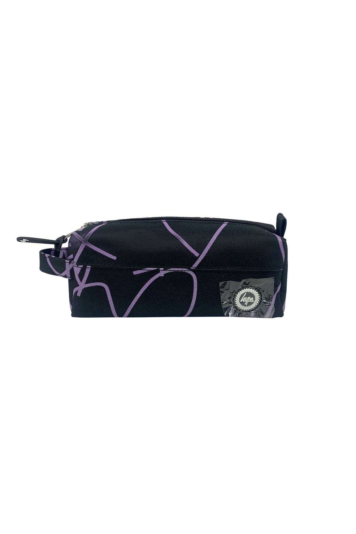 Hype Purple Glitter Scribble Heart school bag set — layout showing all pockets and design details
