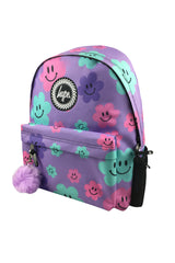 Hype Purple Happy Flowers backpack front view — vibrant print and durable build