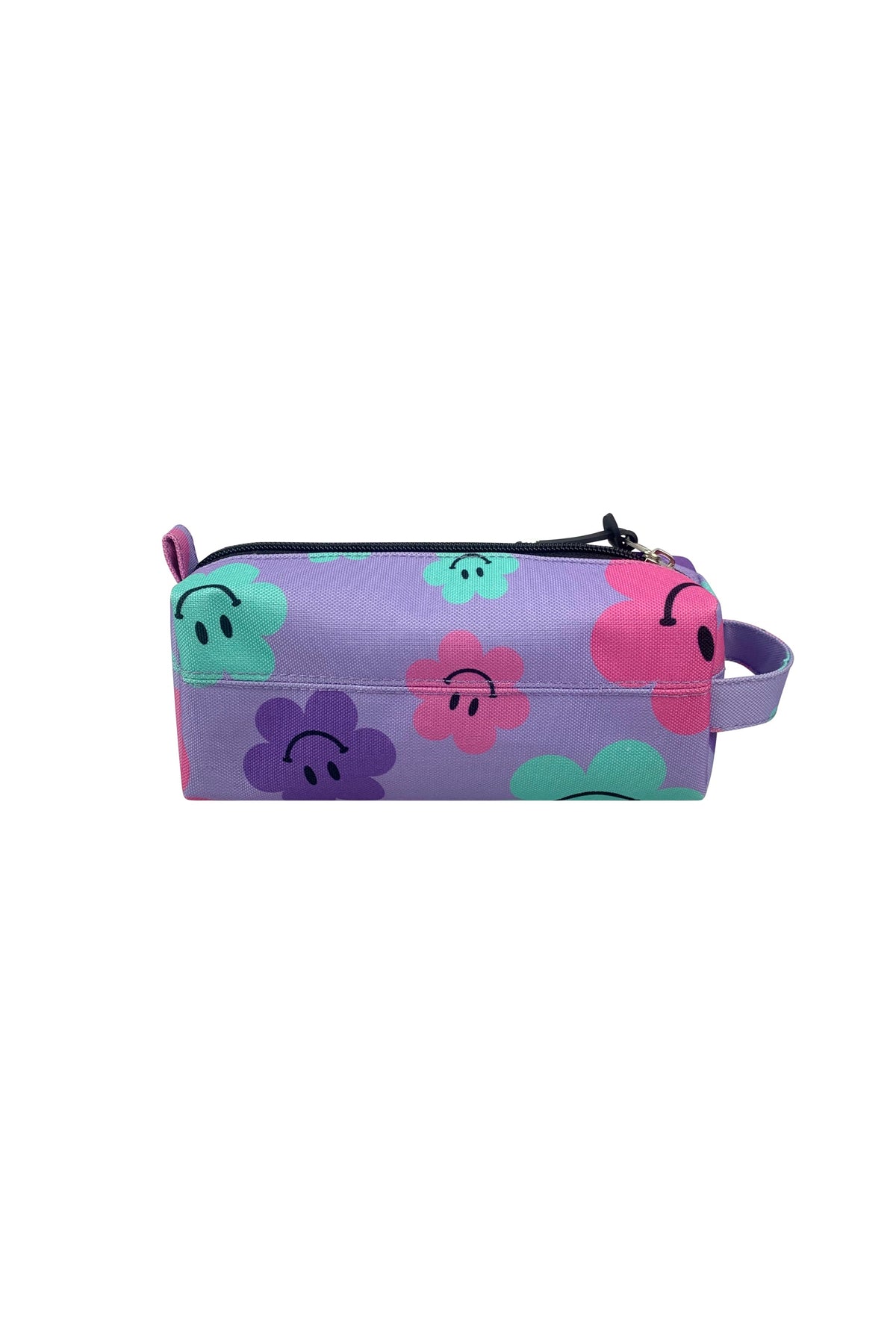 Hype Purple Happy Flowers pencil case — close-up of logo and design details