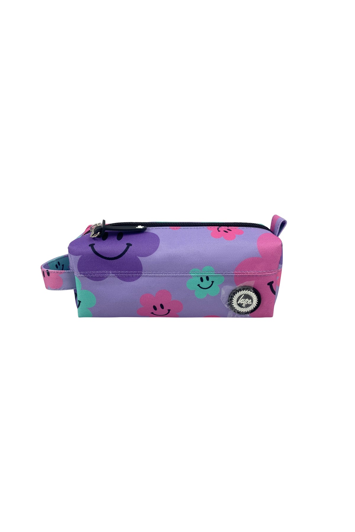 Hype Purple Happy Flowers school bag set — layout showing all pockets and design details
