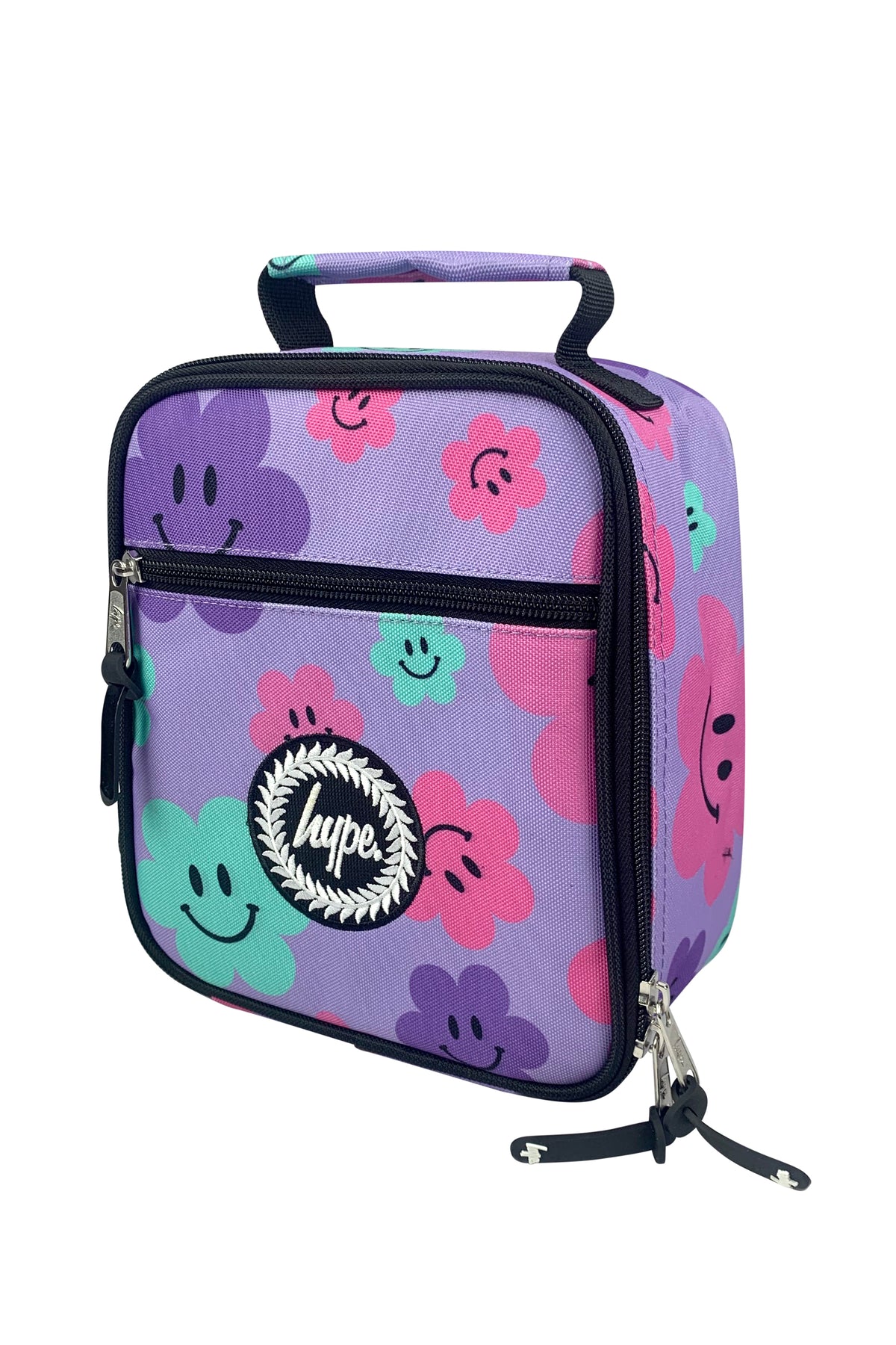 Hype Purple Happy Flowers insulated lunch bag — open showing insulated interior and compartments