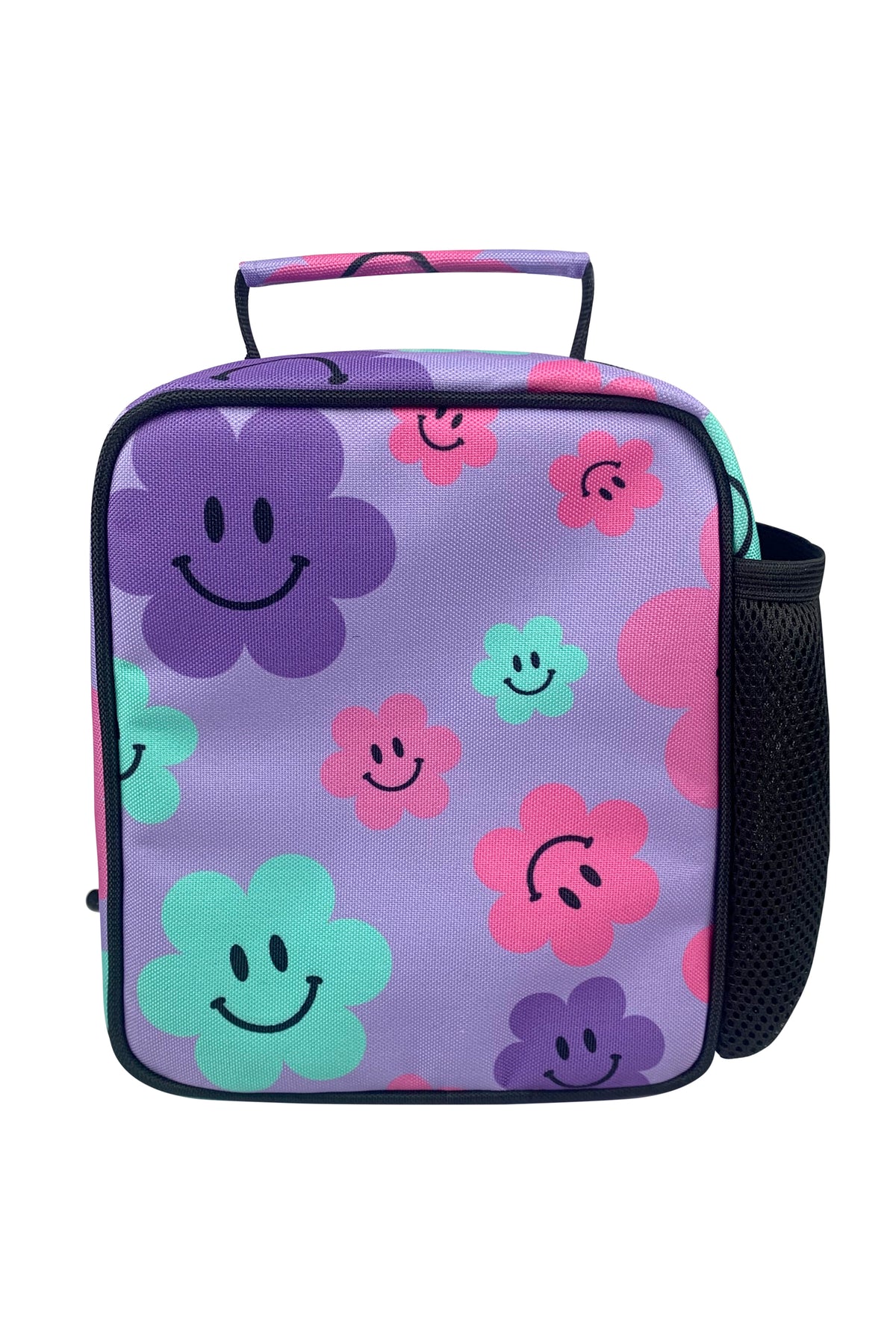 Hype Purple Happy Flowers insulated lunch bag — close-up of logo and design details