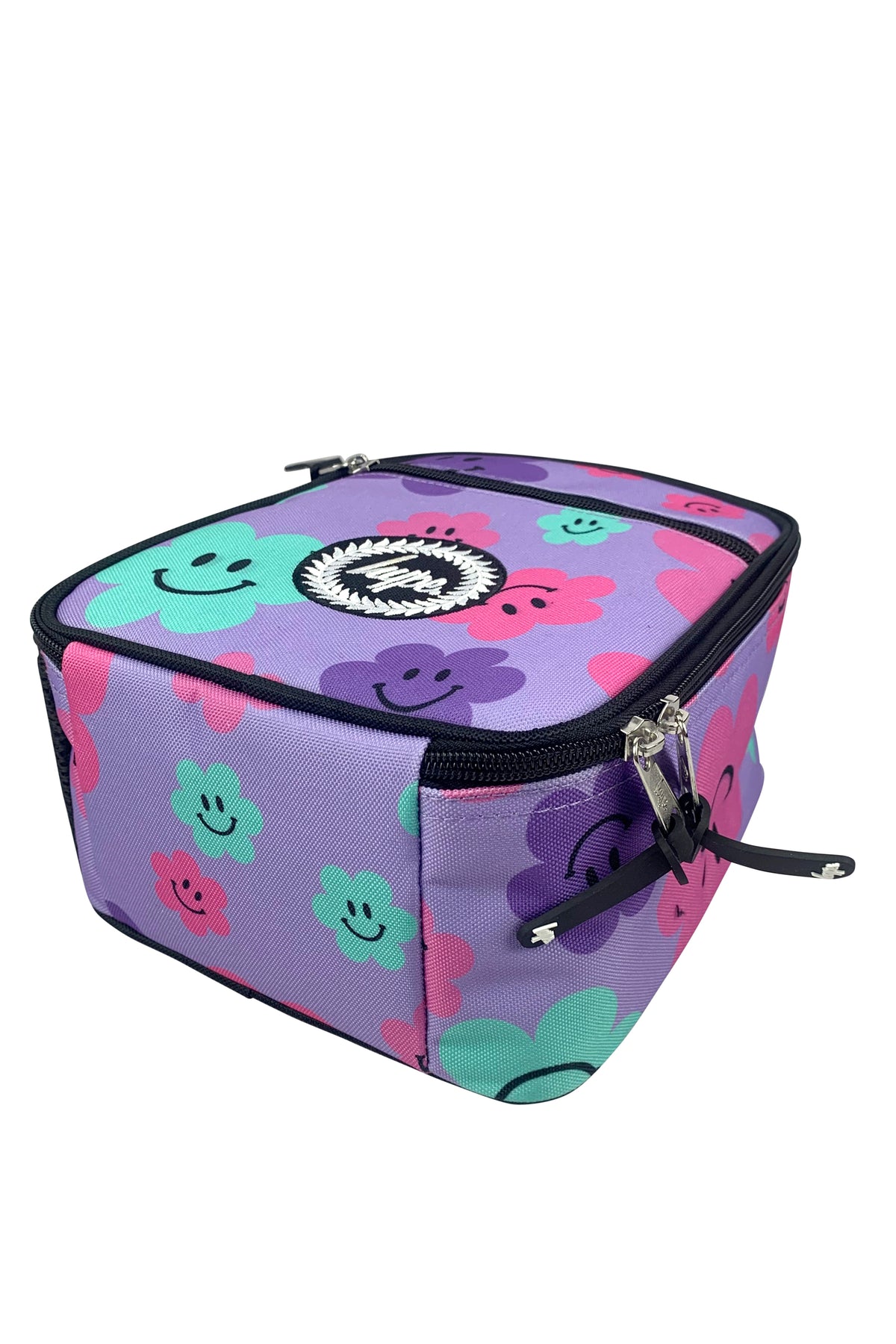 Hype Purple Happy Flowers insulated lunch bag — bold colour and print from every angle
