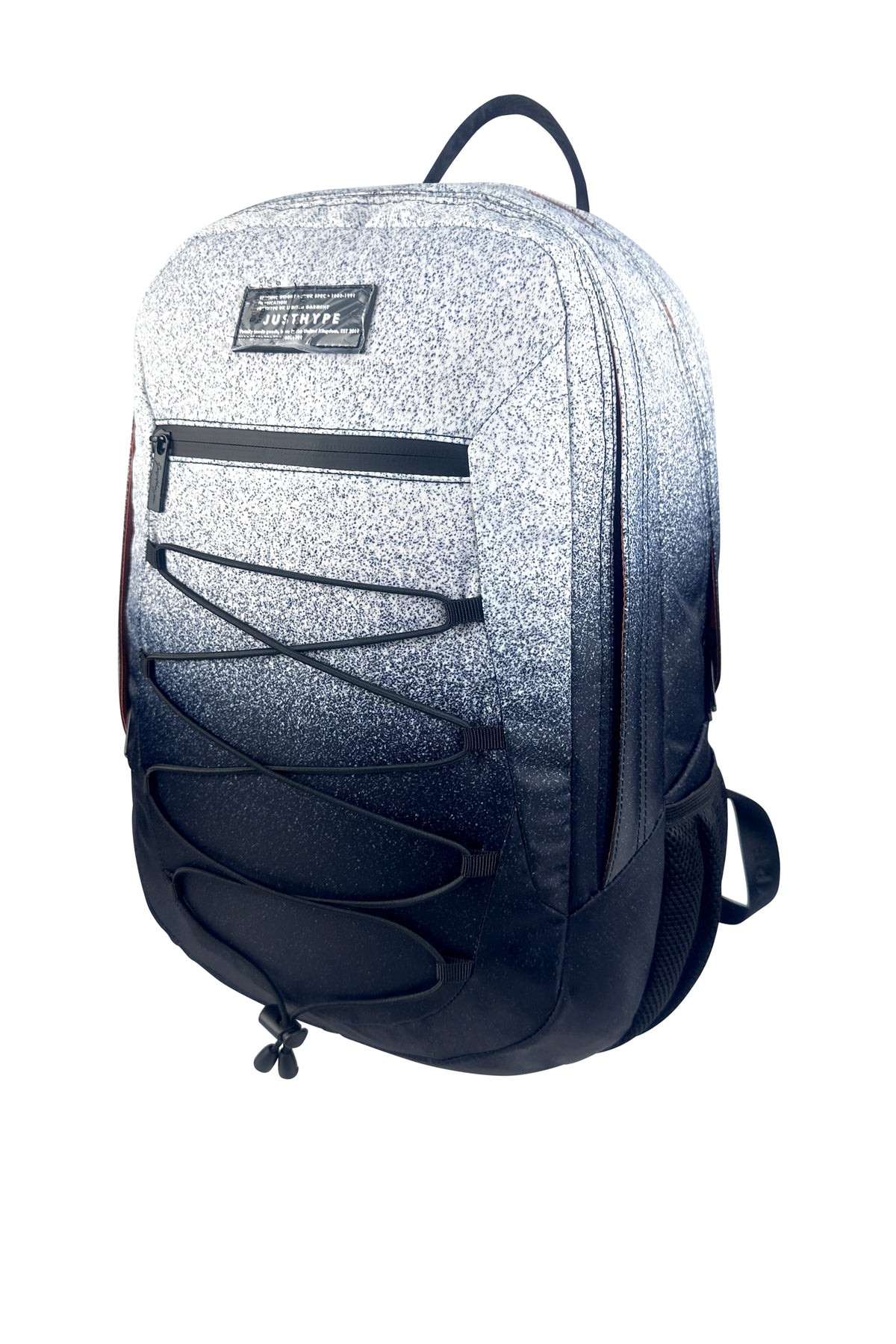 Hype Black & White Speckle Fade backpack front view — vibrant print and durable build