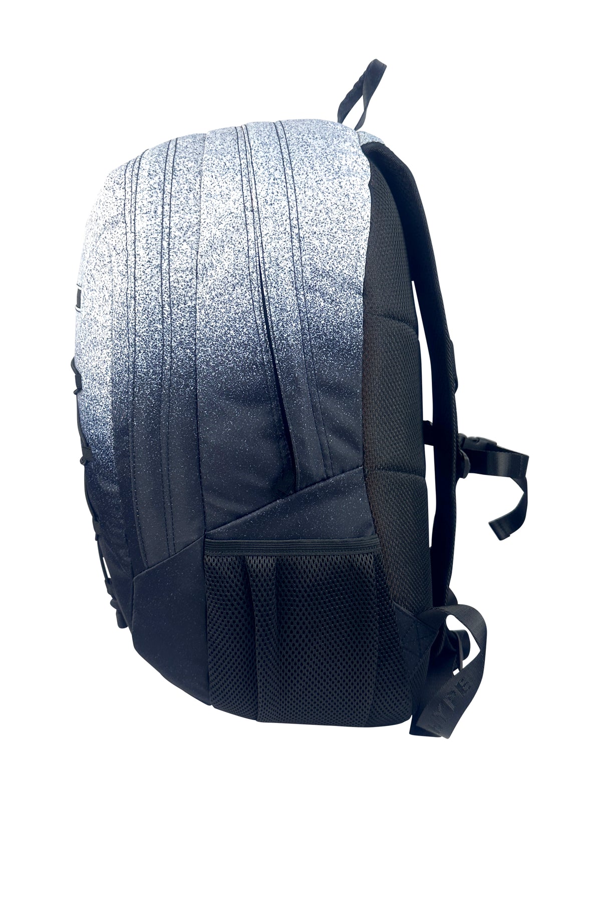 Hype Black & White Speckle Fade backpack — padded back panel and adjustable straps