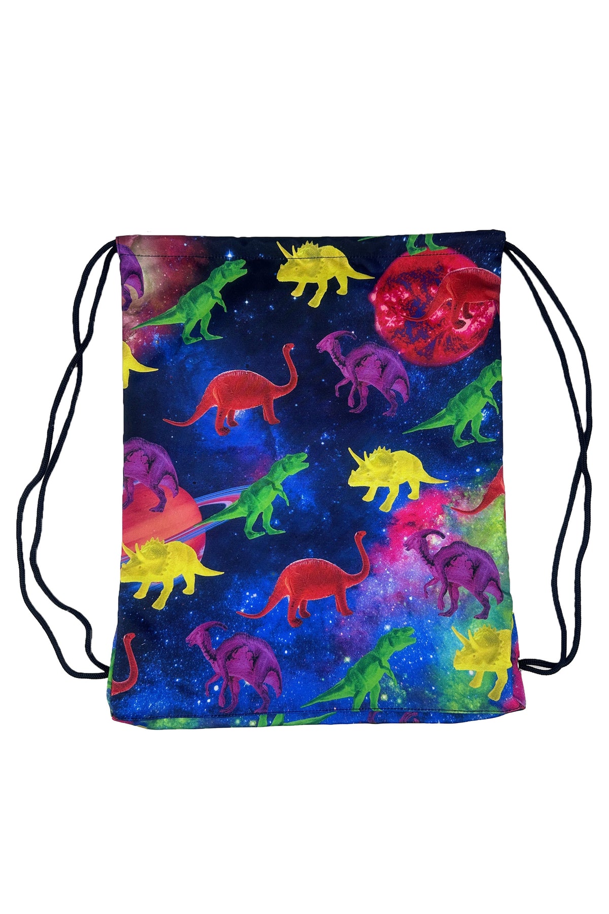 Hype Space Dinosaur drawstring bag front view — vibrant print and durable build