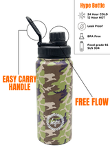 Hype Camo Crest insulated water bottle front view — vibrant print and durable build