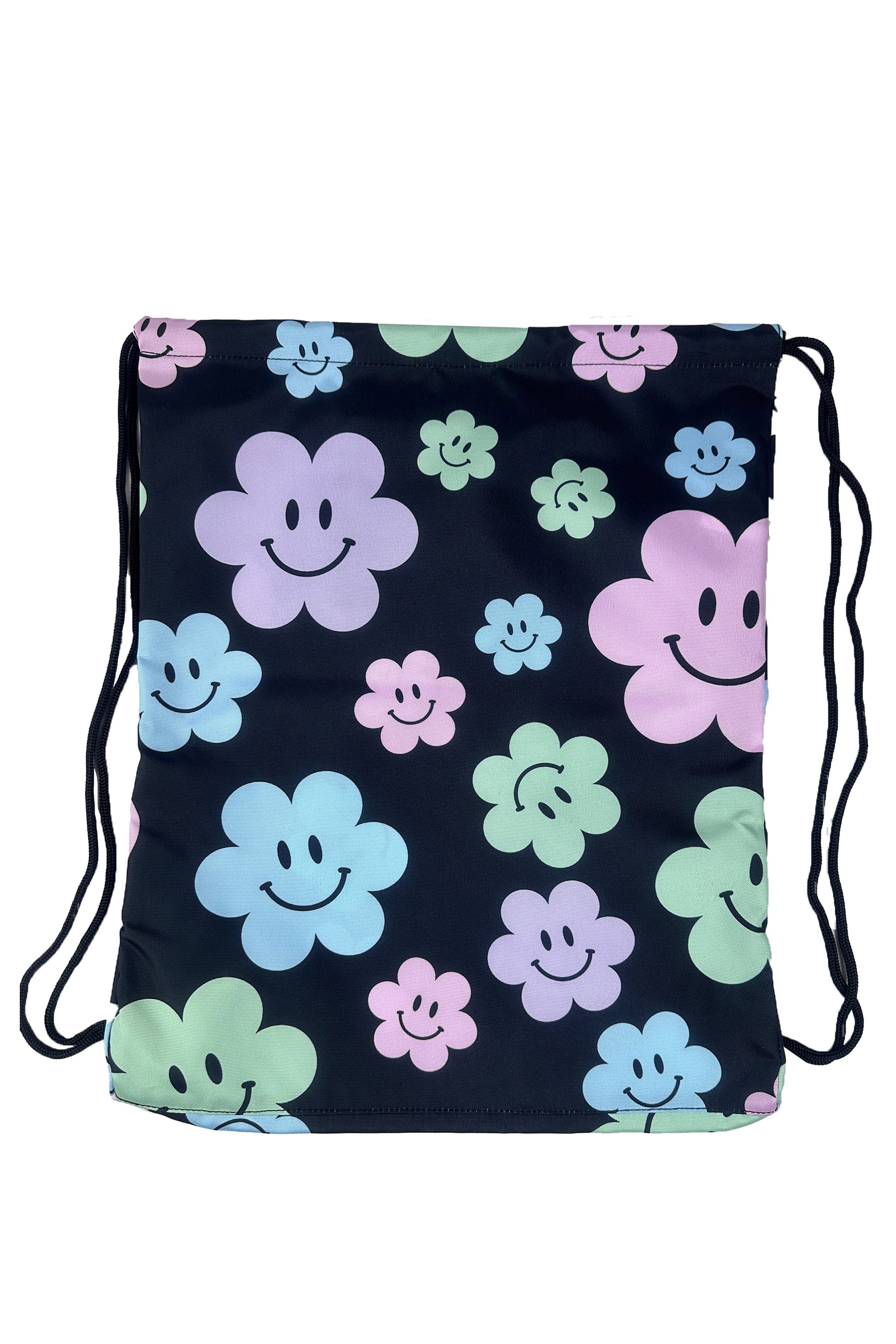 Drawstring Sports Bag-  Black Happy Flowers