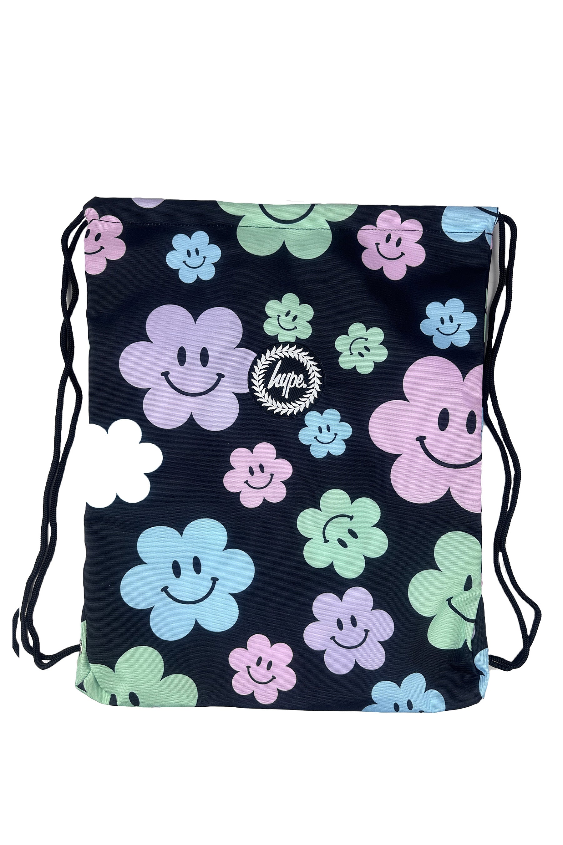 Drawstring Sports Bag-  Black Happy Flowers