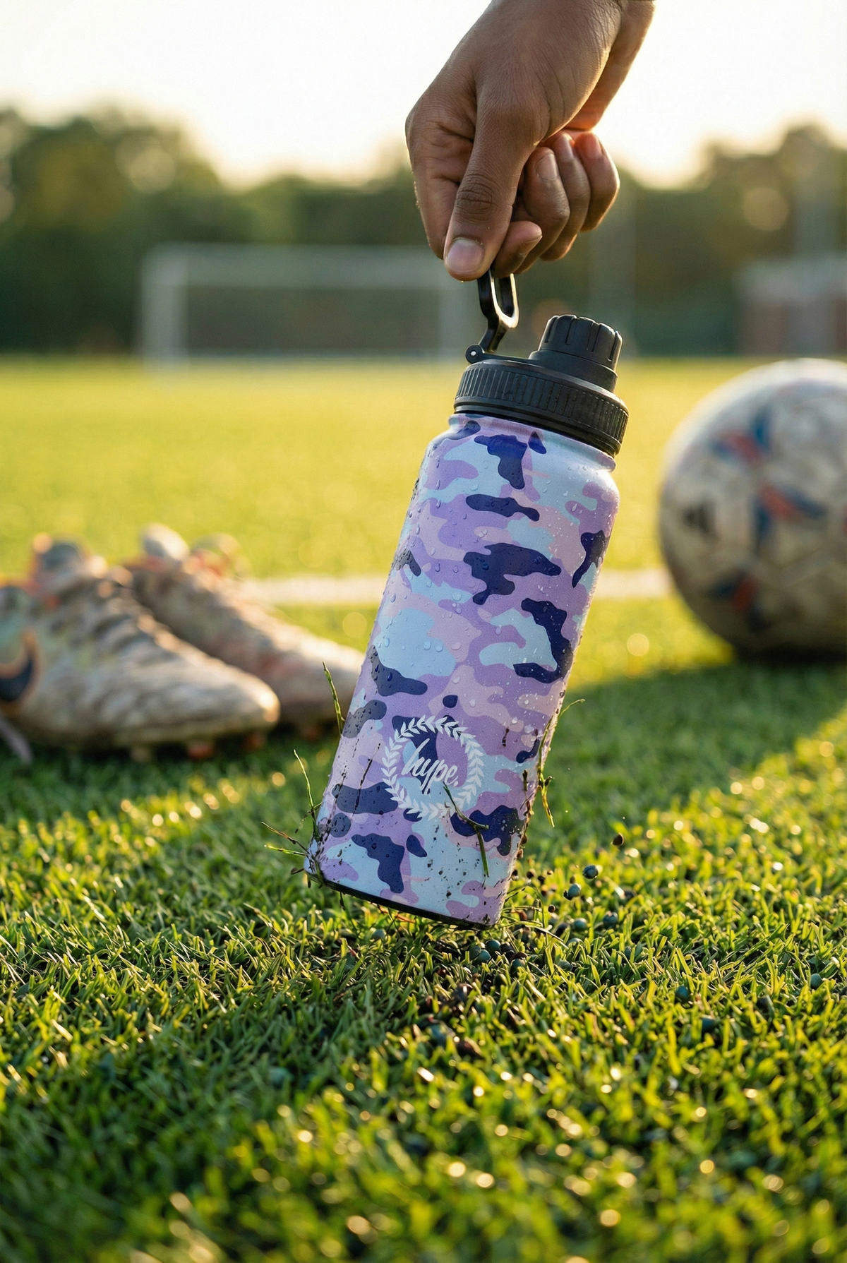 Hype Pink & Blue Evie Camo bottle with lid open — easy-pour spout and clean finish
