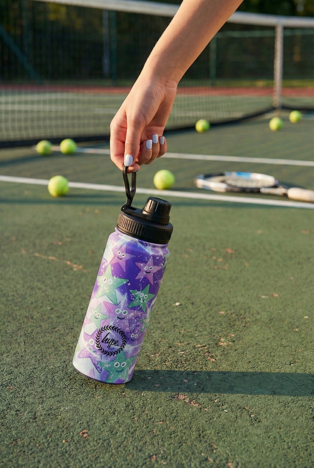 Hype Purple & Green Starfish bottle with lid open — easy-pour spout and clean finish
