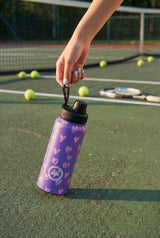 Hype Purple & Pink Scribble Heart bottle with lid open — easy-pour spout and clean finish