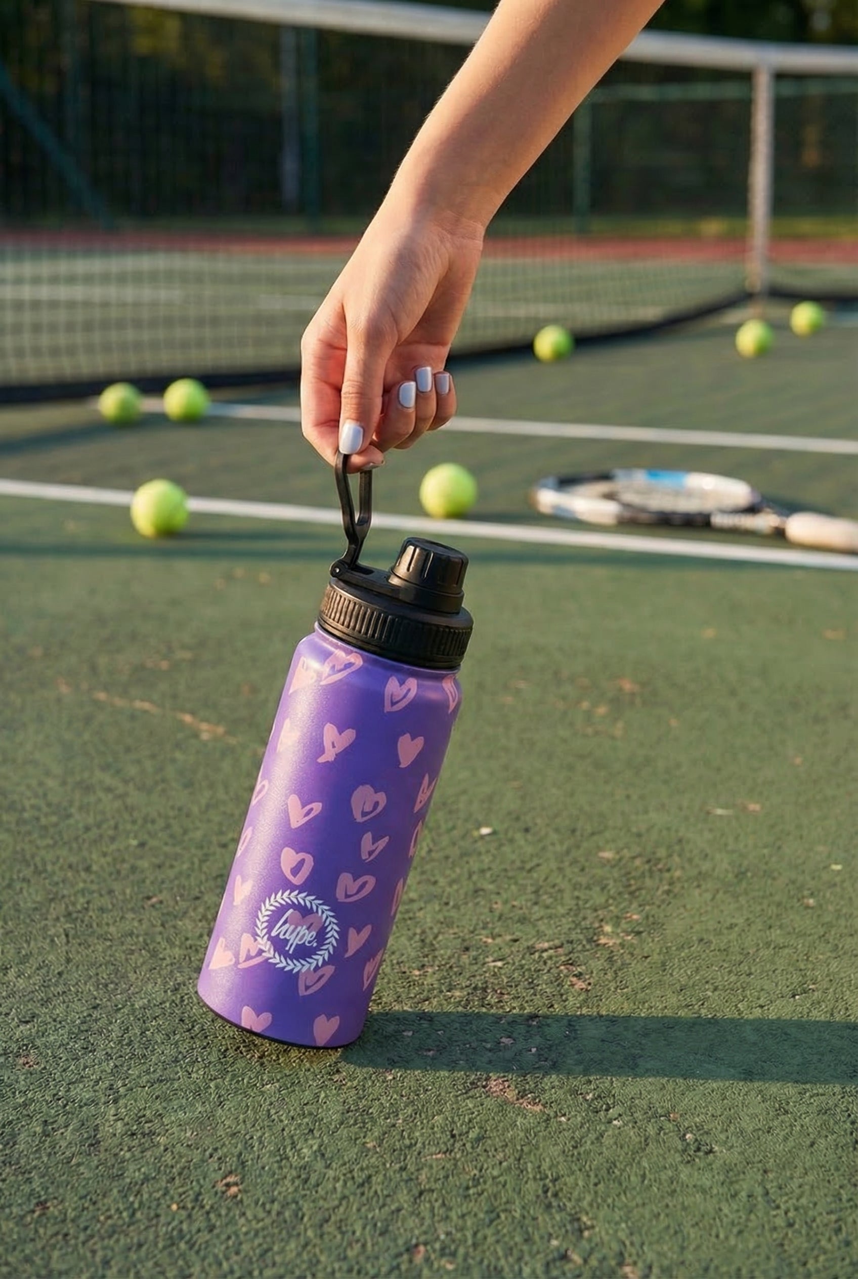 Hype Purple & Pink Scribble Heart bottle with lid open — easy-pour spout and clean finish